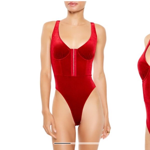 Velvet Sexy Red Corset Bodysuit Christmas Devil SMALL - Picture 1 of 3